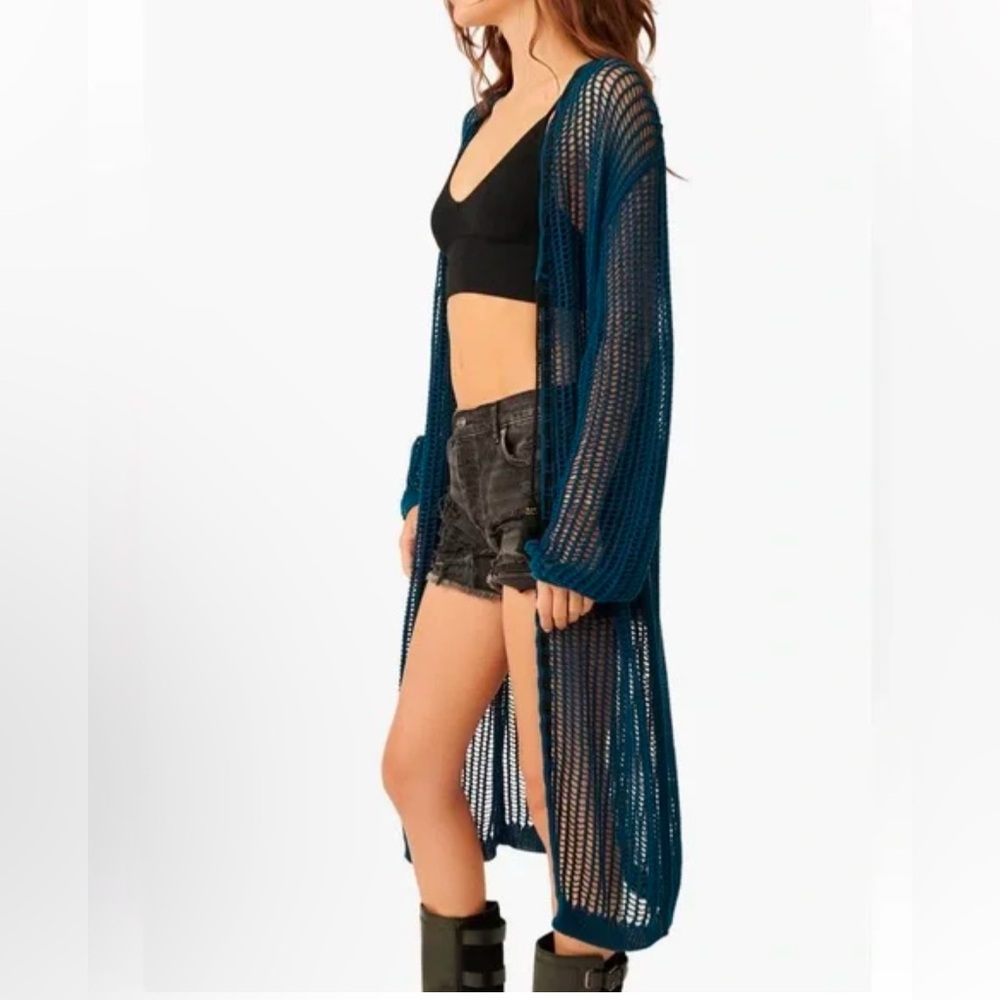 Free People Open Knit Longline Cardigan in Teal Blue